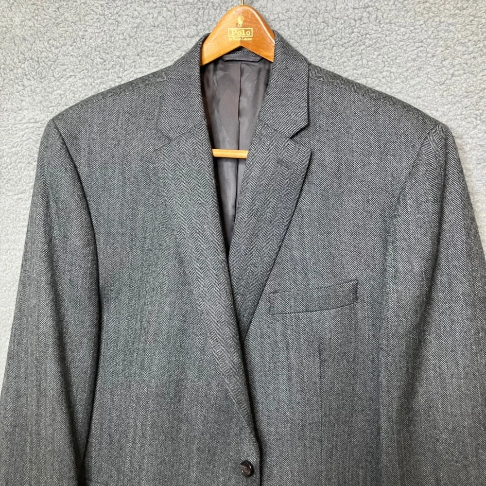 VTG Ralph Lauren Wool Sport Coat Blazer Men 46R Grey Herringbone Preppy Heritage